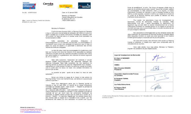 Soutien au Planning Familial du Calvados : lettre ouverte à la CAF du Calvados
